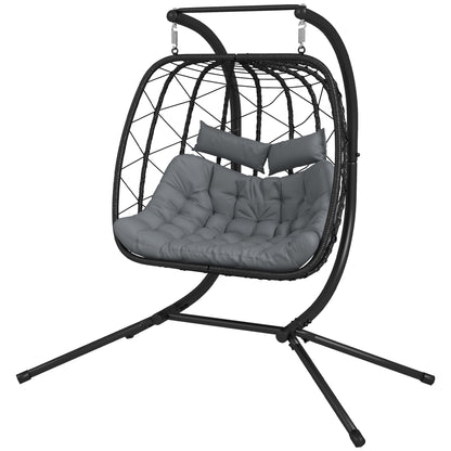 Outsunny Outdoor PE Rattan Double-seater Swing Chair w/ Thick Padded Cushion, Patio Hanging Chair for 2 w/ Metal Stand, Headrest, Black