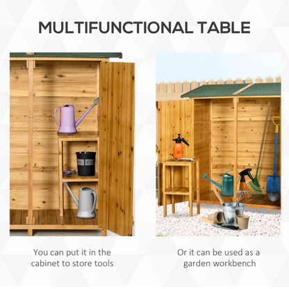 Outsunny Garden Wood Storage Shed w/ Flexible Table, Hooks and Ground Nails, Multifunction Lockable Sheds & Outdoor Asphalt Roof Tool Organizer, Grey