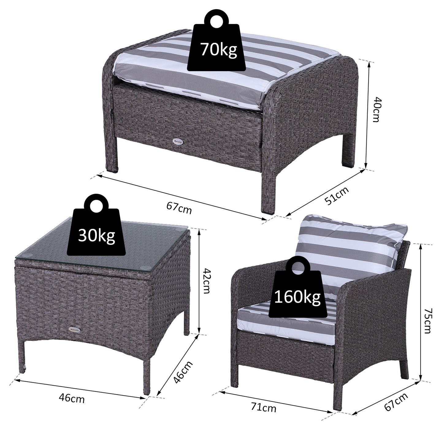 Outsunny Rattan Garden Set: 2 Seater with Armchairs, Stools, Glass-Top Table, Cushions, Wicker Weave, Outdoor Seating