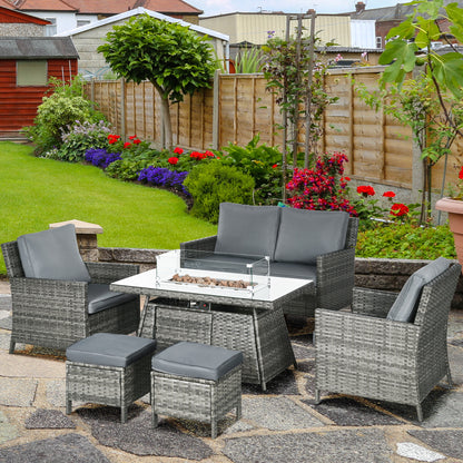 Outsunny 6-Seater Rattan Garden Furniture Set w/ Gas Fire Pit Table, Wicker Loveseat, 2 Armchairs and 2 Footstools, Grey