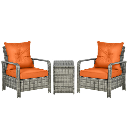 Outsunny 3 pcs PE Rattan Wicker Garden Furniture Patio Bistro Set Weave Conservatory Sofa Storage Table and Chairs Set Orange Cushion, Mixed Grey