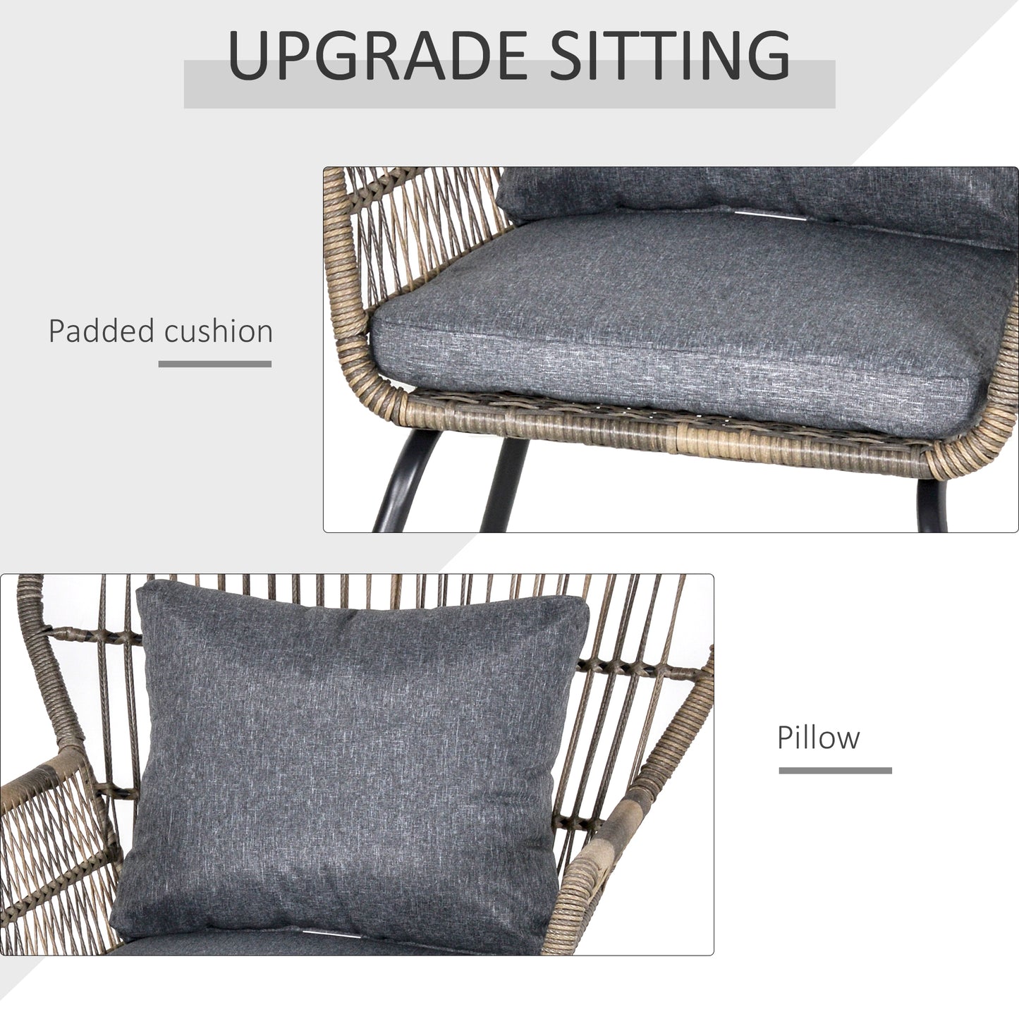 Outsunny 3 Piece PE Rattan Bristo Set with Cushions, Wing-Shaped Chairs & Adjustable Foot Pads, Grey | Chahine & Milad UK