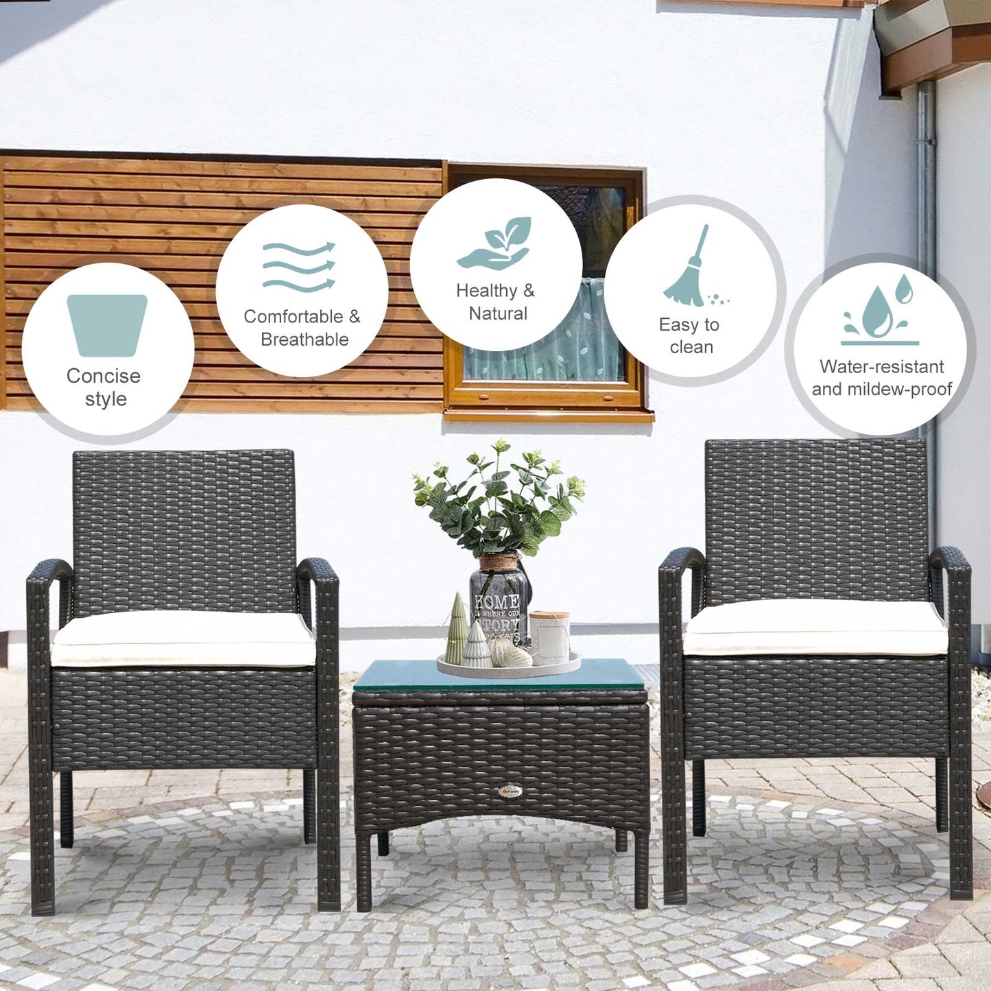 Outsunny Rattan Garden Furniture Set, 2-Seater Wicker Sofa Chair and Table Bistro Set for Outdoor Patio Conservatory, Steel Frame, Brown