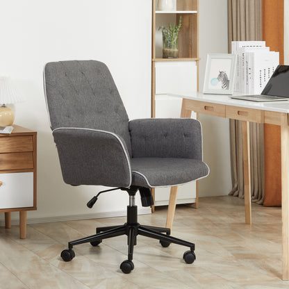 HOMCOM Linen Fabric Office Chair, Mid-Back Swivel Computer Chair, Adjustable, Armrests, Grey