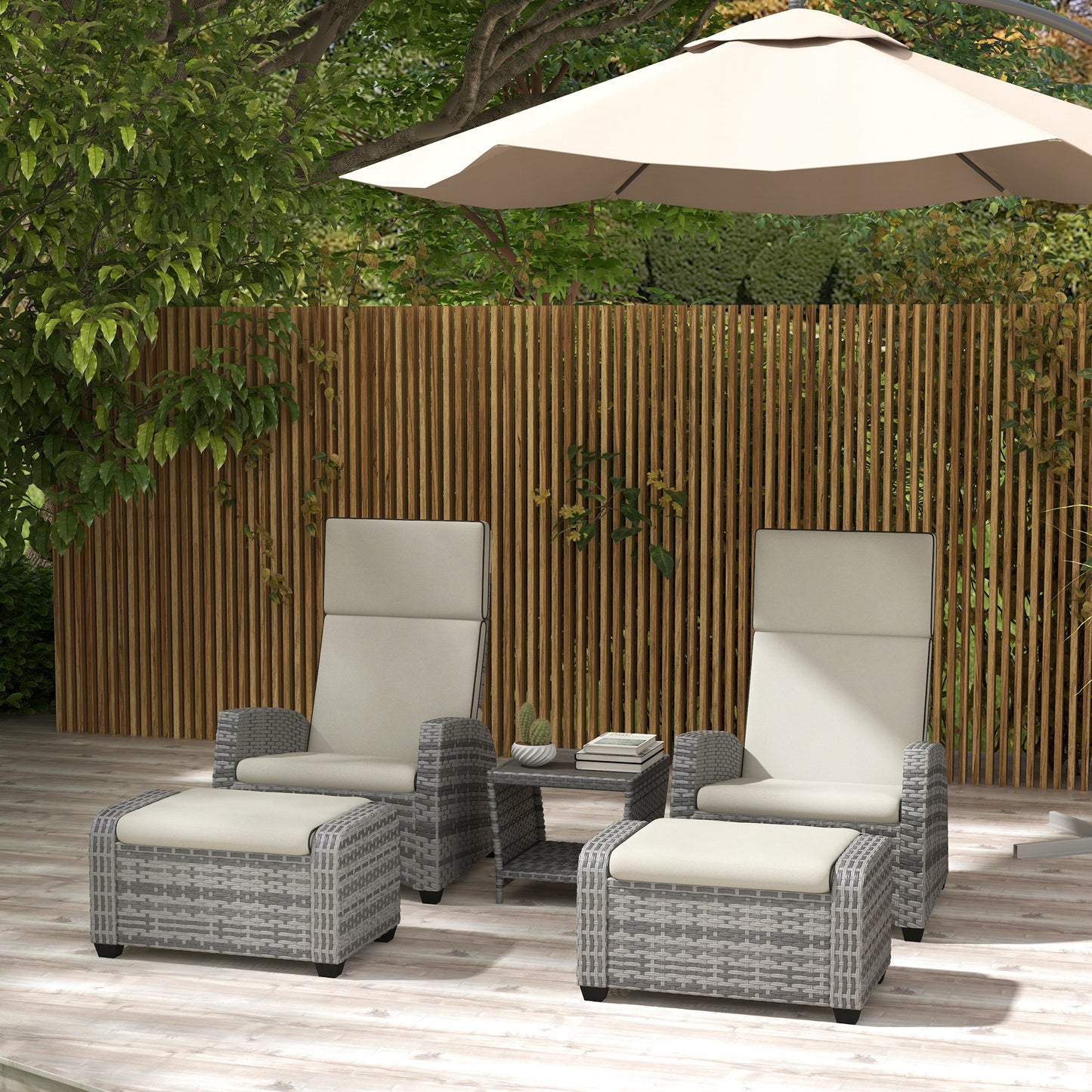 Outsunny 5-Piece Rattan Patio Reclining Chair Set with Footstools, Coffee Table, Cushions, for Outdoor Garden, Grey