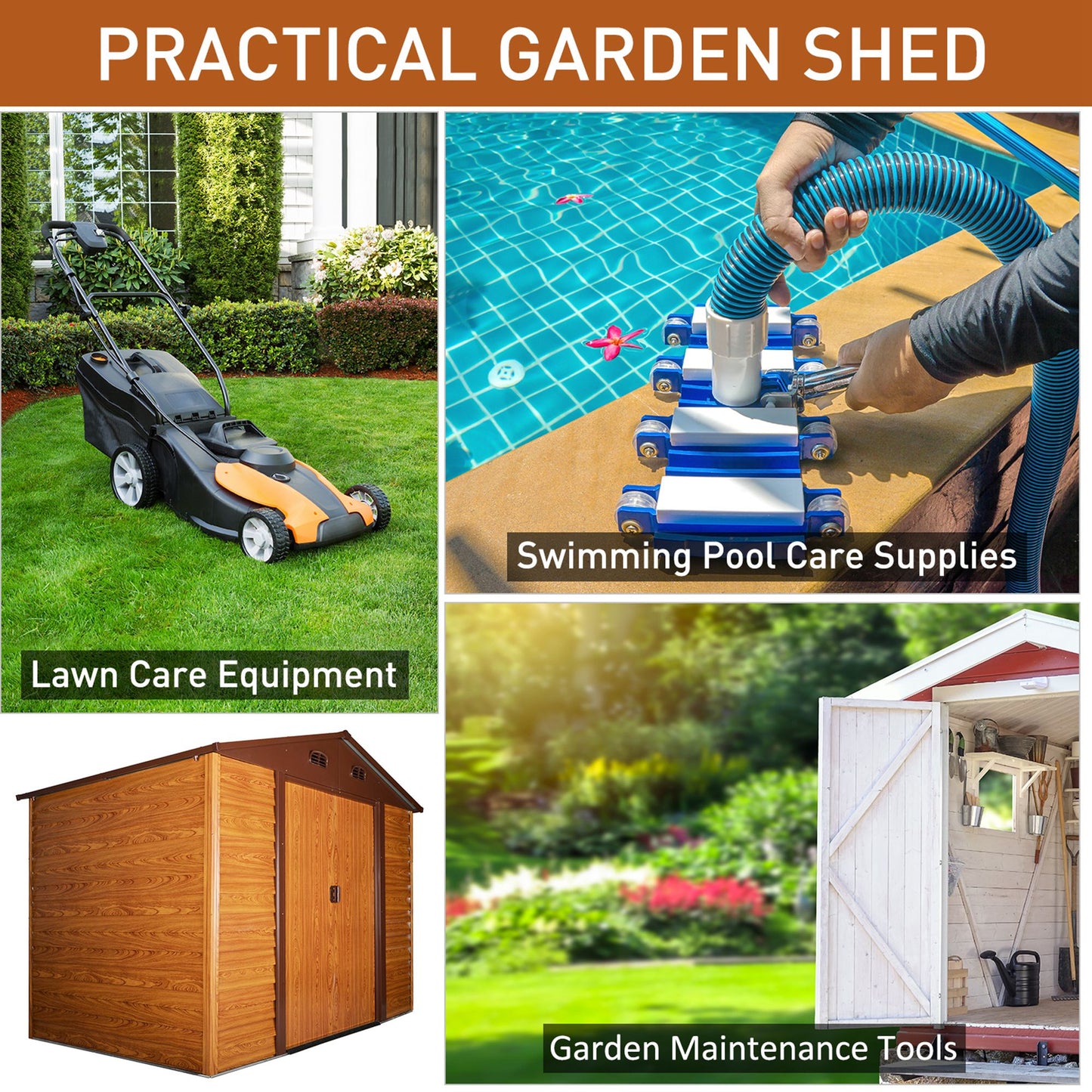 Outsunny 9 x 6.5 ft Metal Garden Storage Shed Apex Store for Gardening Tool with Foundation and Ventilation, Brown with Wood Grain