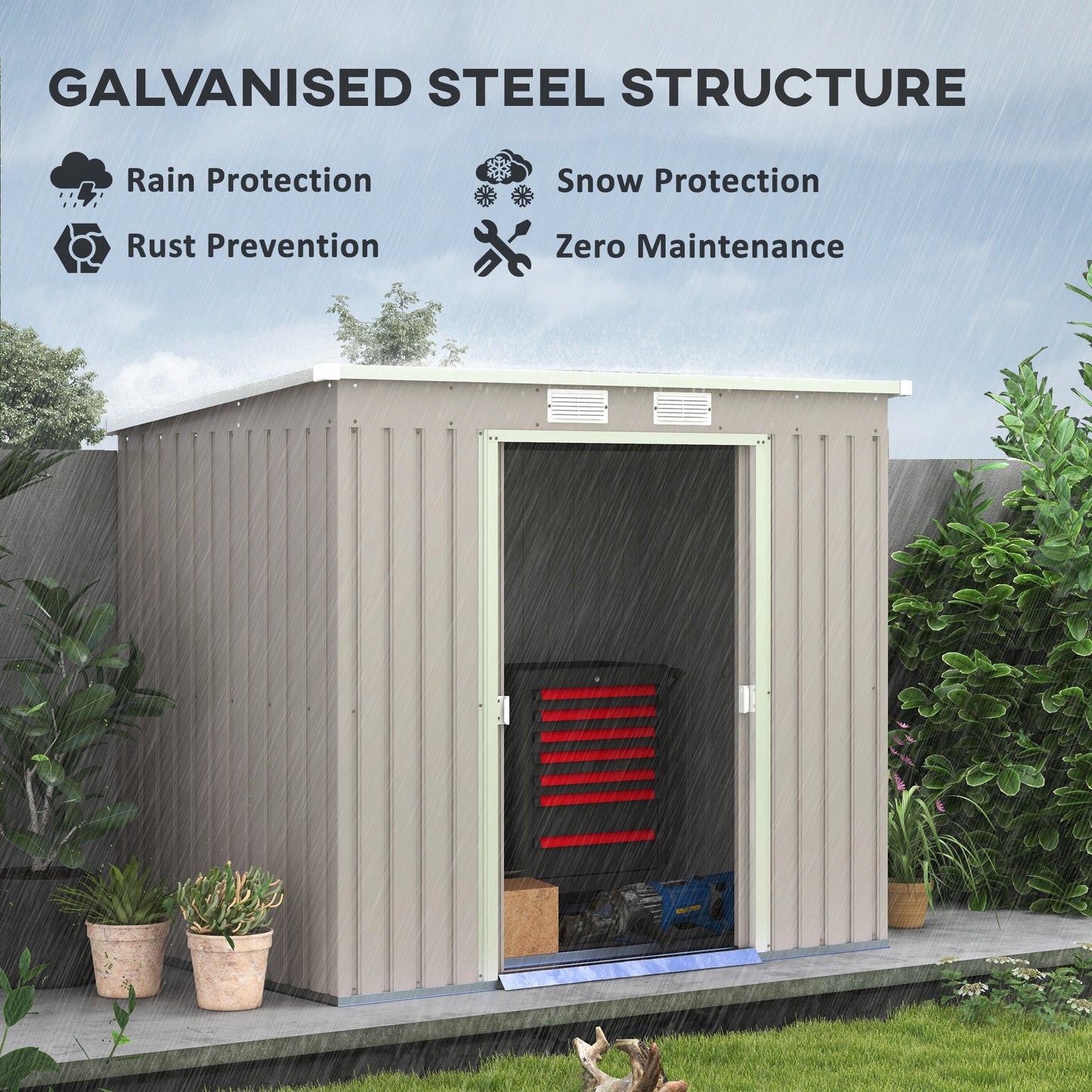 Outsunny Outdoor Garden Metal Equipment Tool Storage Shed w/ Foundation, Double Door, Vents and Sloped Roof, Grey