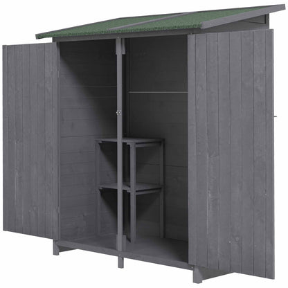 Outsunny Wooden Garden Storage Shed Lockable Tool Cabinet Organizer w/ Storage Table, Double Door, 139 x 75 x 160 cm, Grey