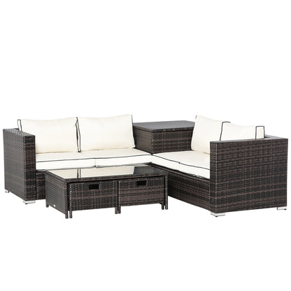 Outsunny 4-Seater Rattan Garden Furniture Patio Sofa Set Storage & Table Set w/ 2 Drawers Coffee Table & Corner Sofa, Brown