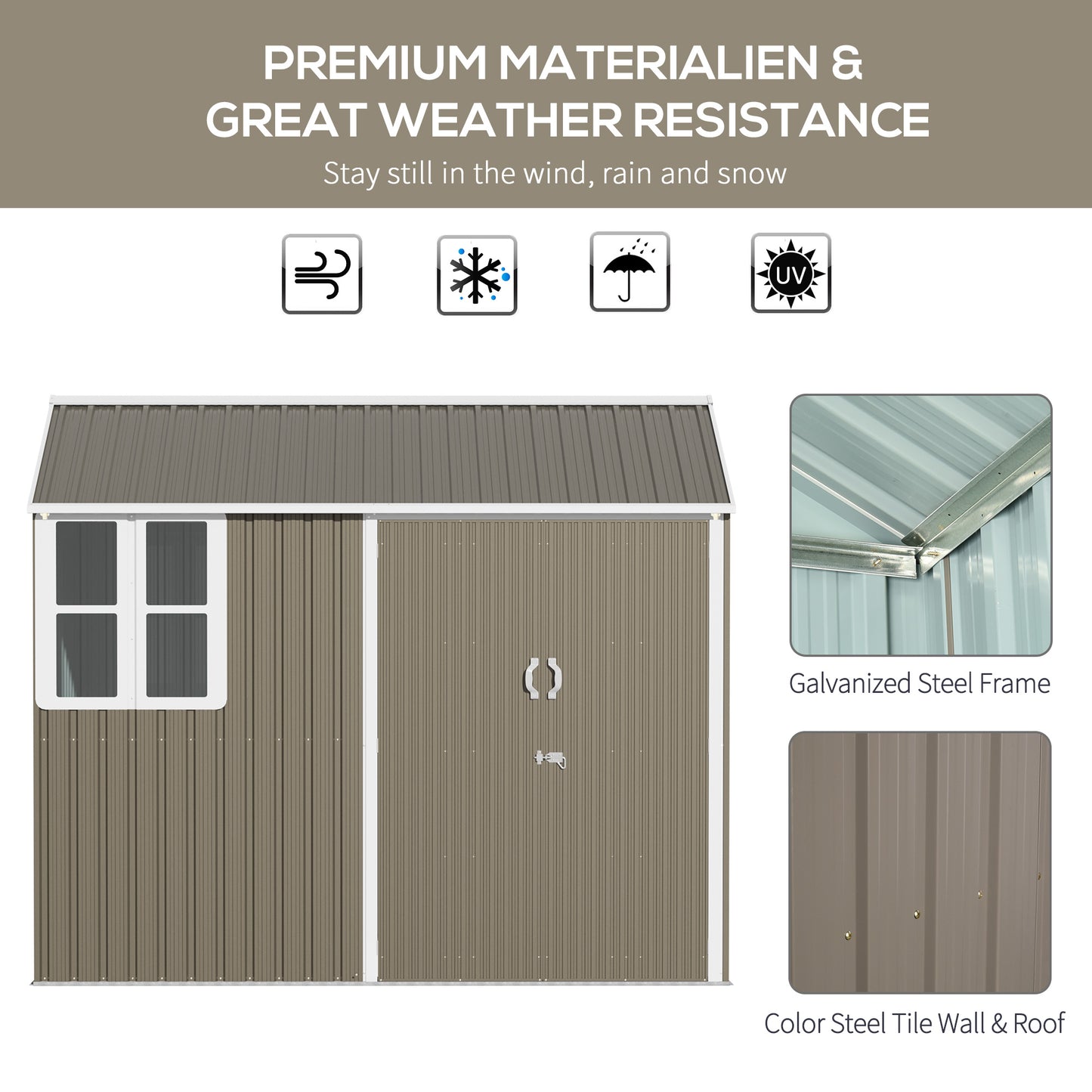 Outsunny 8 x 6 ft Galvanised Garden Shed, Outsoor Metal Storage Shed with Double Doors Window Air Vents for Patio, Lawn, Grey