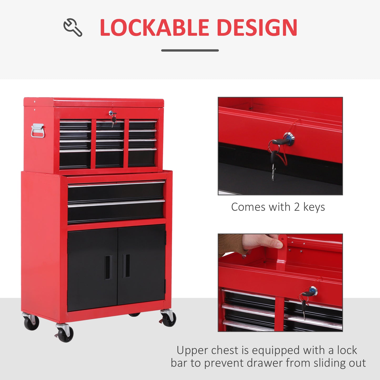 HOMCOM Tool Chest, Metal Tool Cabinet on Wheels with 6 Drawers, Pegboard, Top Chest and Roller Cabinet Combo, 61.6 x 33 x 108cm, Red