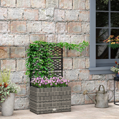 Outsunny 22L Garden PE Rattan Planter w/ Trellis, Free Standing Flower Raised Bed w/ 2 Plant Boxes for Climbing Plants, 57x30x107 cm, Mixed Grey