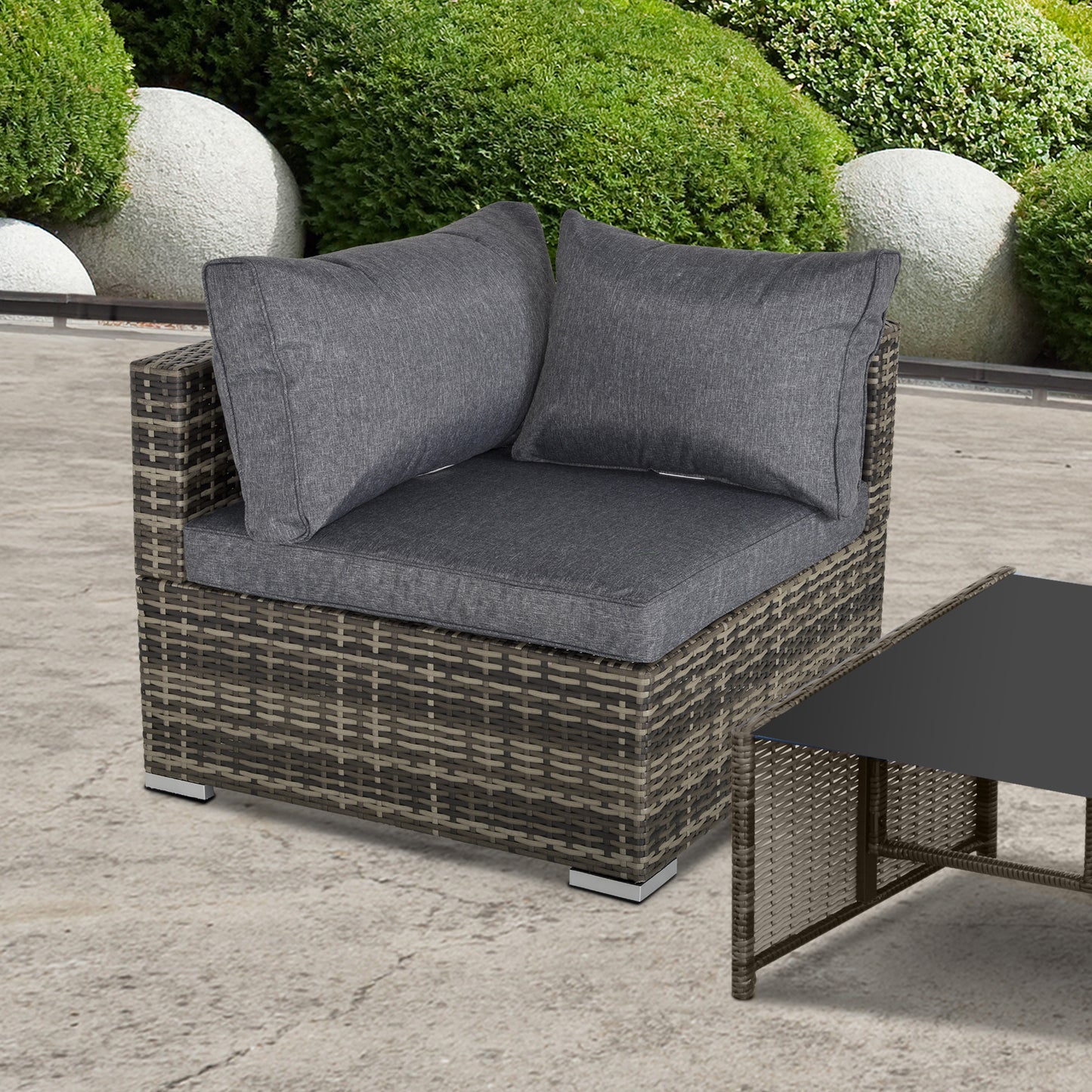 Outsunny Rattan Wicker Corner Sofa, Garden Furniture Single Chair with Cushions, Deep Grey