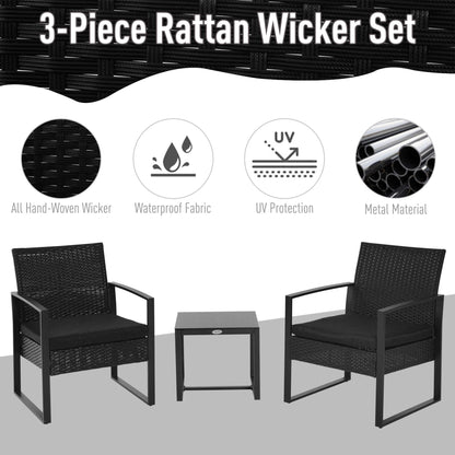 Outsunny Rattan Patio Set 2 Seater Wicker Bistro Set with Sofa, Coffee Table & Chairs, Conservatory Furniture, Black