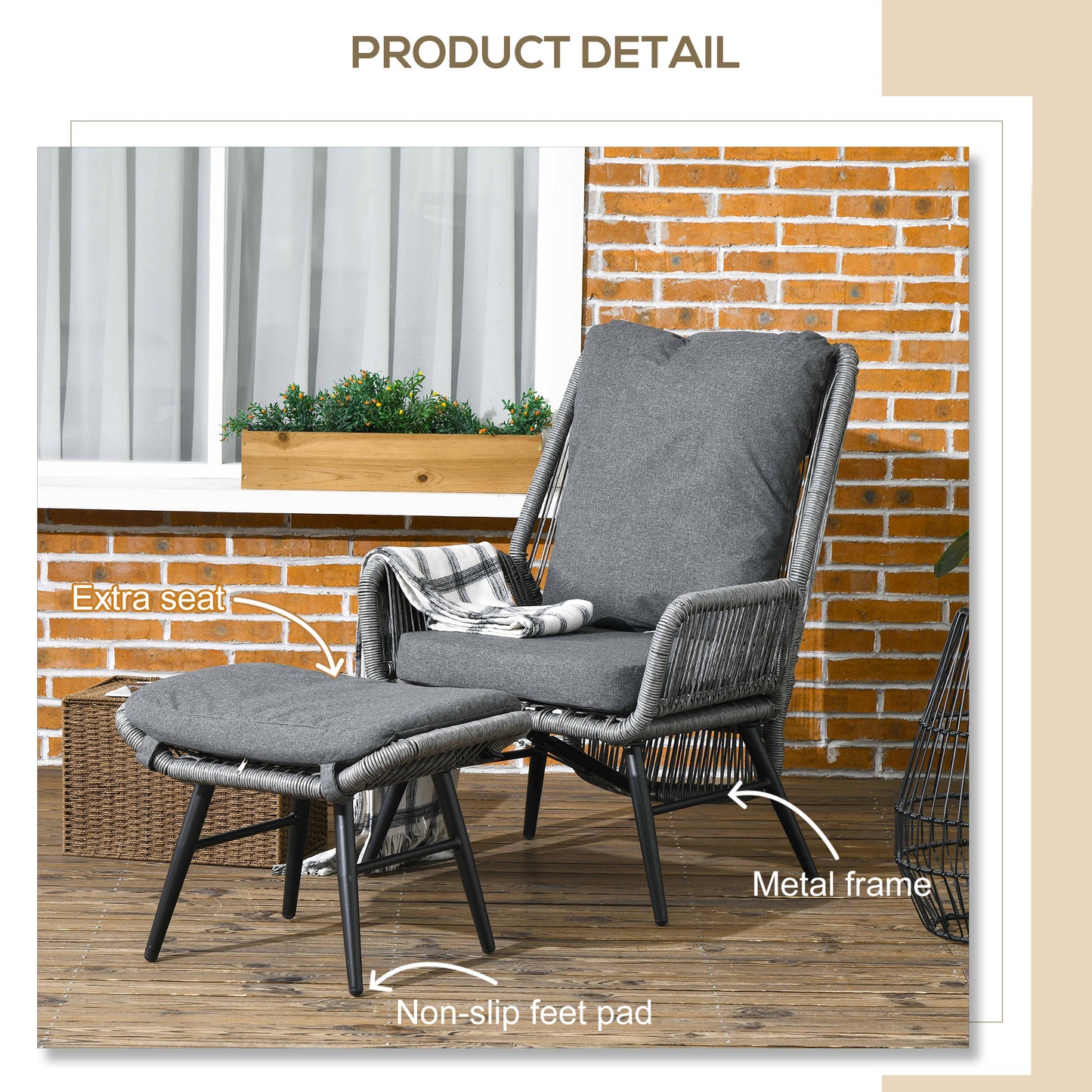 Outsunny 2 PCs PE Rattan Leisure Chair Set, Outdoor Reclining Patio Chair and Footrest w/ Adjustable Backrest & Cushion, Grey