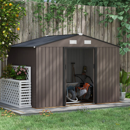 Outsunny 9 x 6FT Garden Metal Storage Shed Outdoor Storage Shed with Foundation Ventilation & Doors, Brown