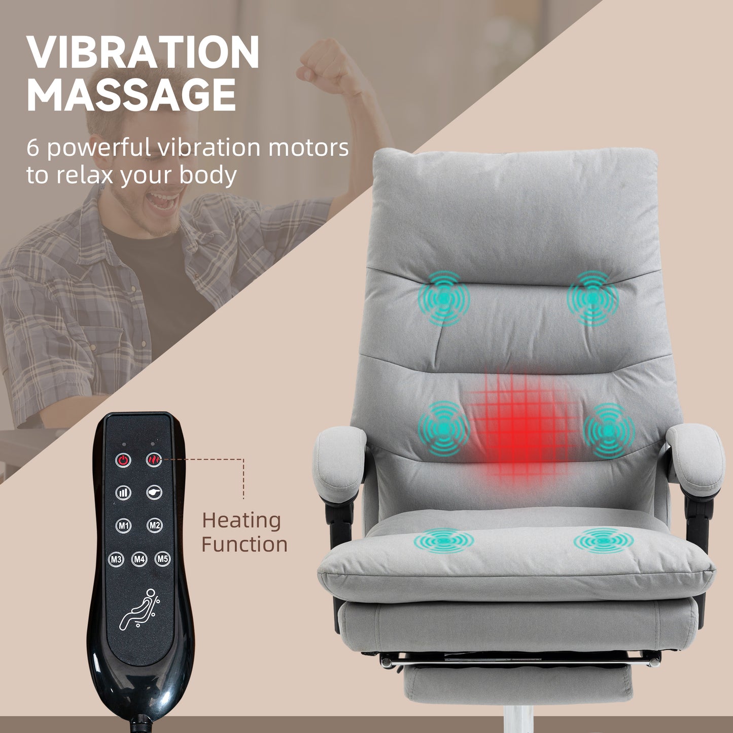 Vinsetto Vibration Massage Office Chair w/ Heat, Microfibre Computer Chair w/ Footrest, Armrest, Reclining Back, Double-tier Padding, Grey