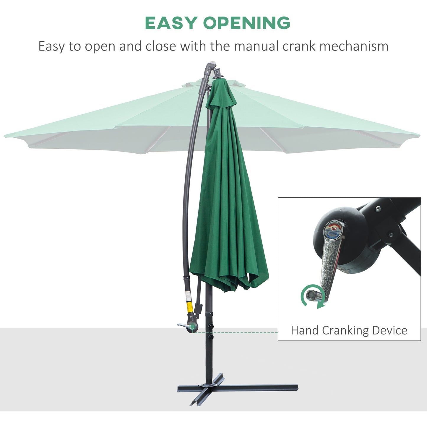 Outsunny 3(m) Garden Banana Parasol Hanging Cantilever Umbrella with Crank Handle and Cross Base for Outdoor, Sun Shade, Green