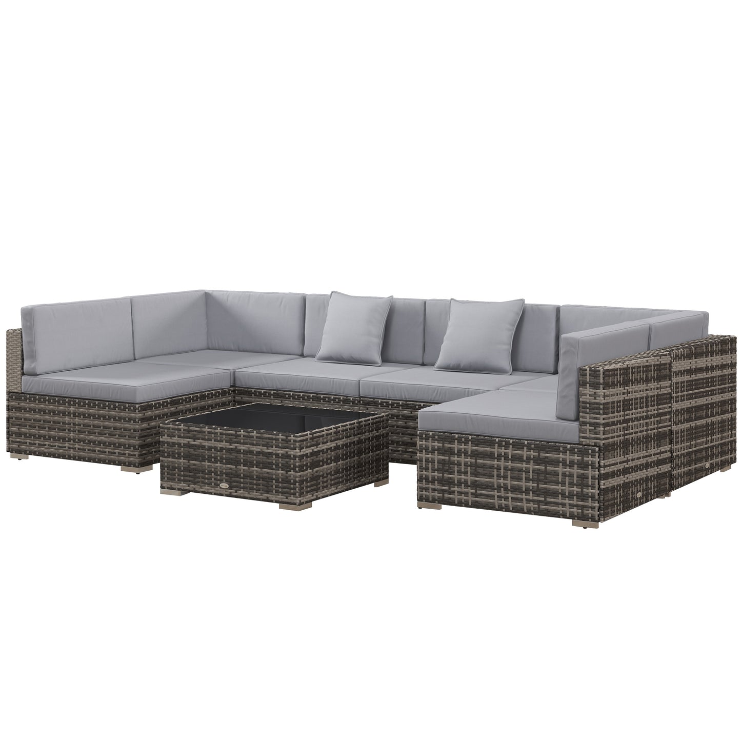 Outsunny 7 Pcs PE Rattan Garden Furniture Set w/ Thick Padded Cushion, Patio Corner Sofa Sets w/ Glass Coffee Table & Pillows, Mixed Grey