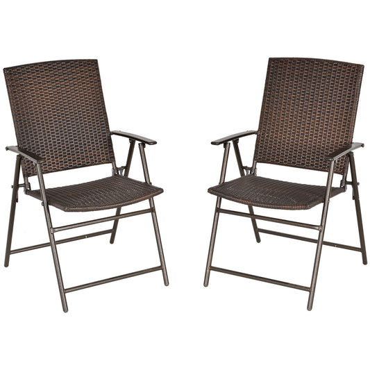 Outsunny 2pcs Folding Garden Chair Rattan Bistro Set with Armrest for Outdoor Steel Frame