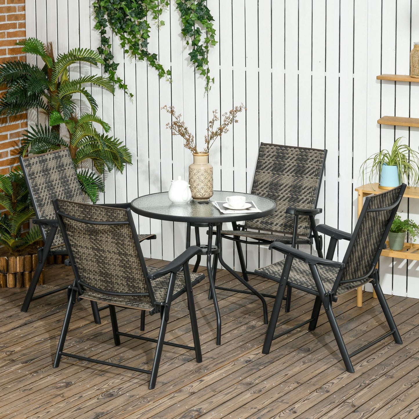 Outsunny 5 Pieces PE Rattan Table and Chairs, Round Glass Top Table with Umbrella Hole, Folding Armchair for Outdoor & Garden, Mixed Grey | Chahine & Milad UK