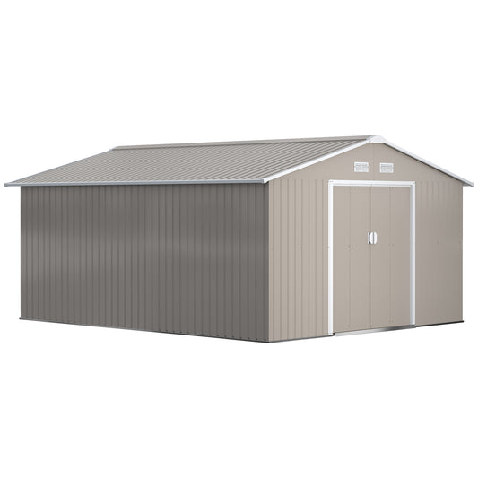 Outsunny 13 x 11ft Garden Metal Storage Shed Outdoor Storage Shed with Foundation Ventilation & Doors, Light Grey | Chahine & Milad UK