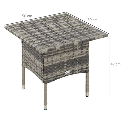 Outsunny Rattan Side Table, Outdoor Coffee Table, with Plastic Board Under the Full Woven Table Top for Patio, Garden, Balcony, Mixed Grey