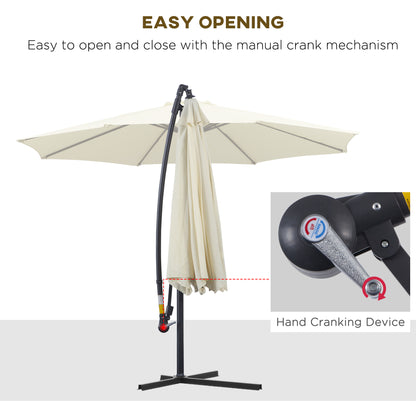 Outsunny 3m Parasol Cantilever Parasol Patio Banana Hanging Umbrella Sun Shade with Crank & Tilt, 8 Ribs and Cross Base, Cream White