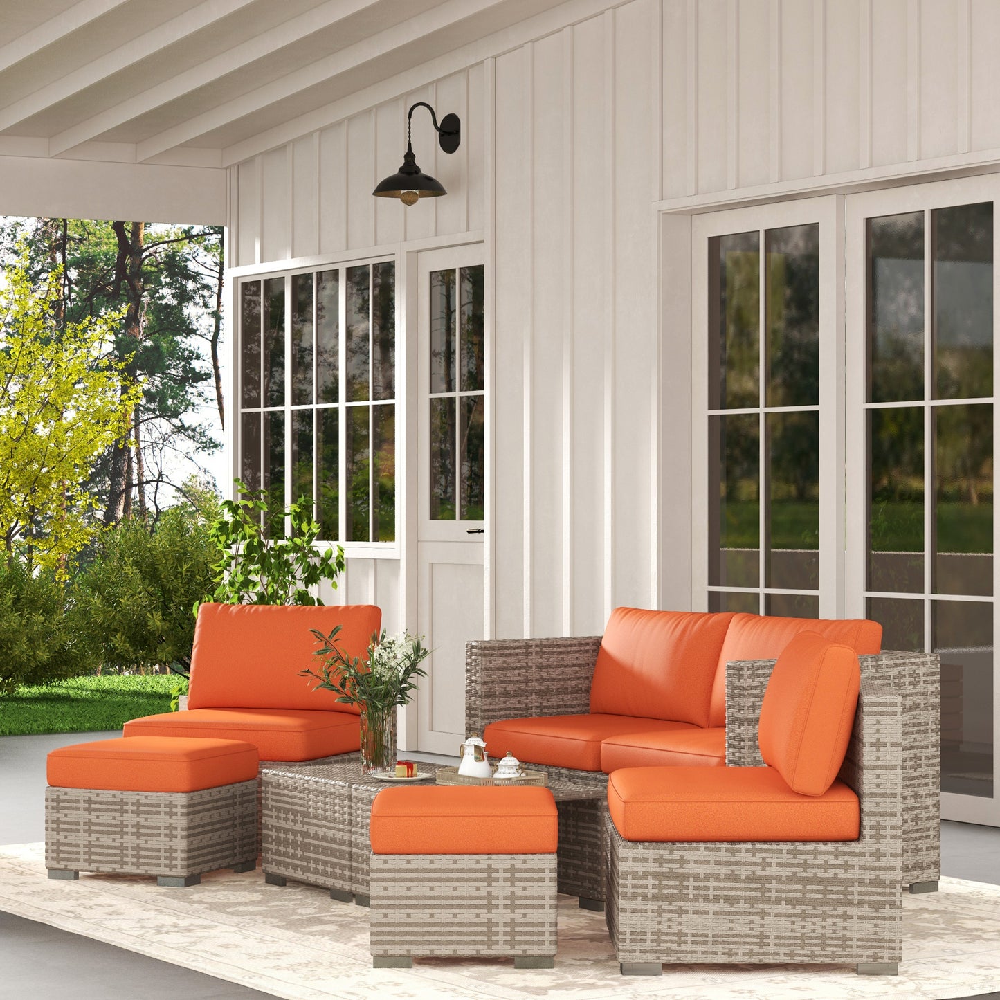 Outsunny 8 Piece Outdoor Patio Furniture Set, Rattan Sofa Set with Footstools and Coffee Tables