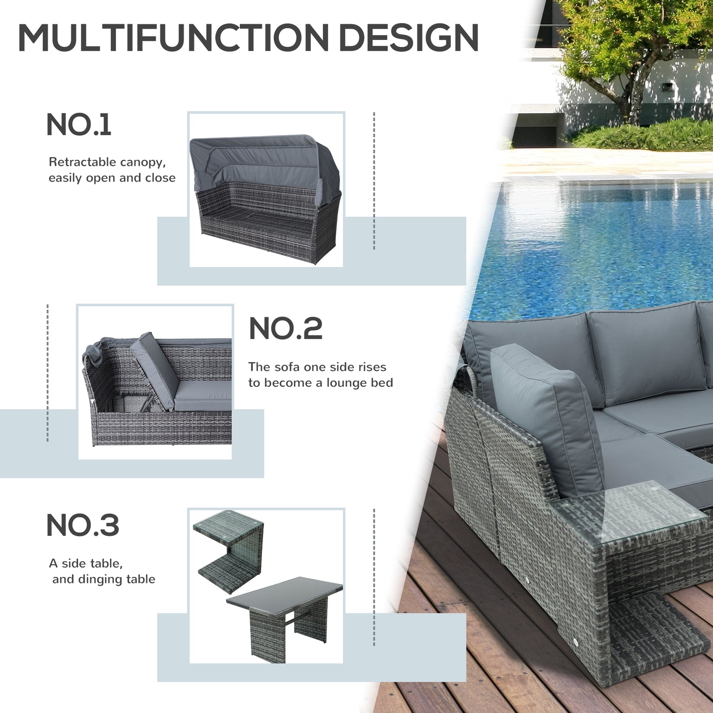 Outsunny Rattan Garden Sofa Set, 5-Seater Outdoor Furniture with Reclining Sofa, Adjustable Canopy & Side Table, Mixed Grey