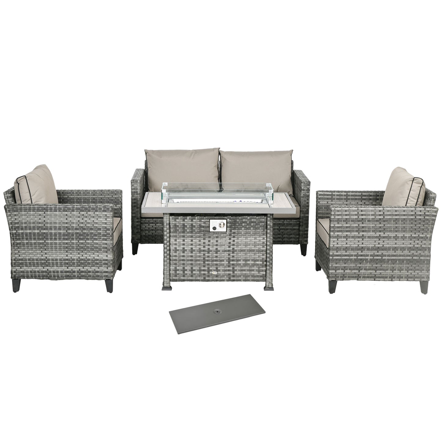 Outsunny 5-Piece Rattan Patio Furniture Set with Gas Fire Pit Table, Loveseat Sofa, Armchairs, Cushions, Pillows, Grey