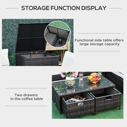 Outsunny 4-Seater Rattan Garden Furniture Patio Sofa Set Storage & Table Set w/ 2 Drawers Coffee Table & Corner Sofa, Brown