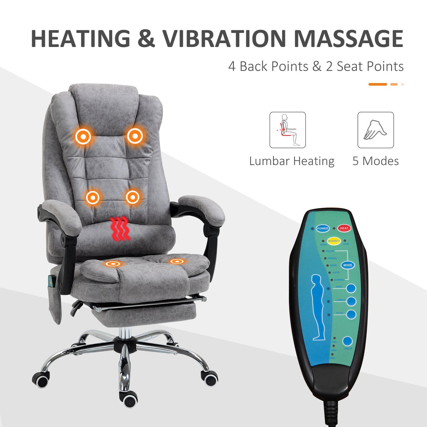 Vinsetto Heated 6 Points Vibration Massage Executive Office Chair Adjustable Swivel Ergonomic High Back Recliner w/ Footrest Grey