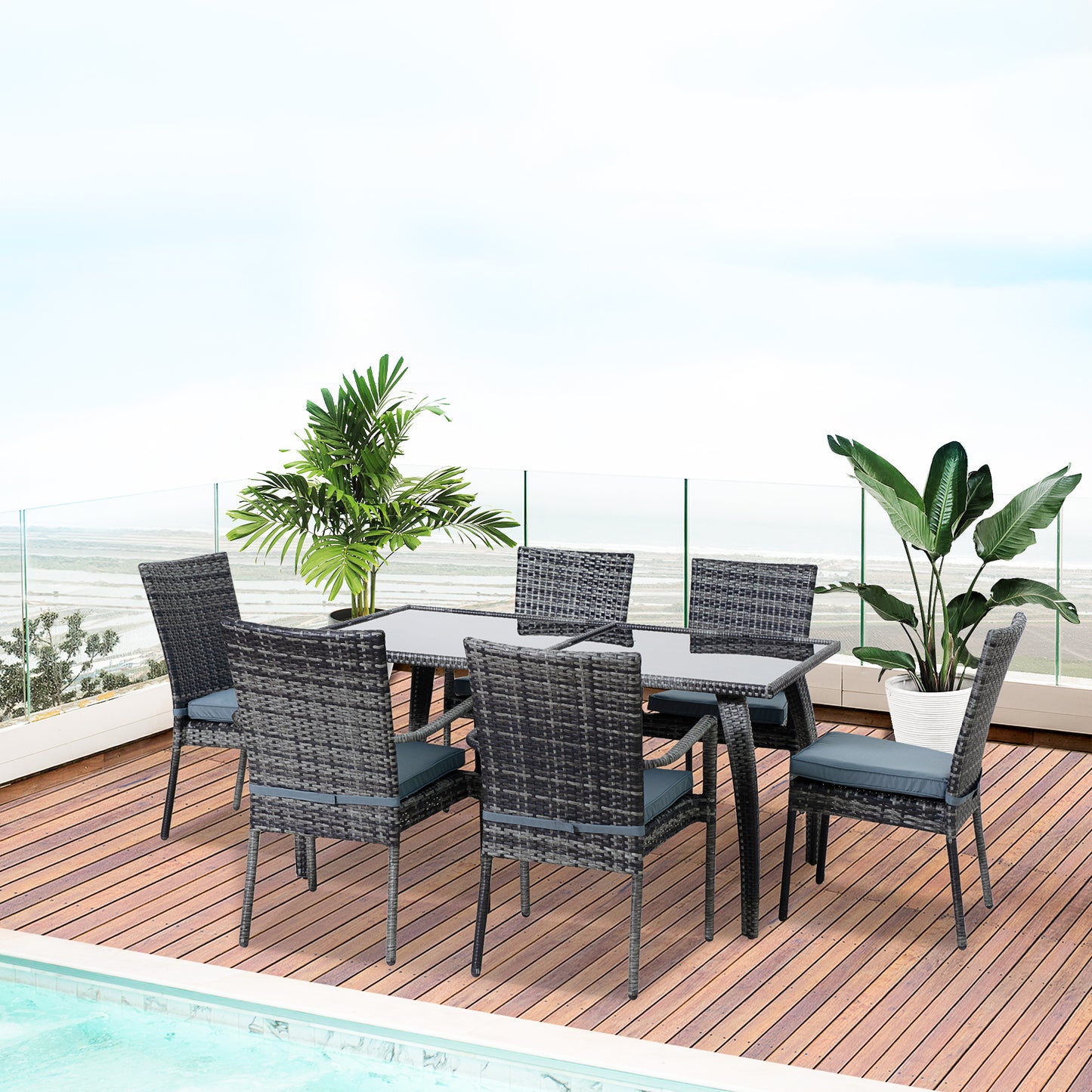 Outsunny 6-Seater Garden Dining Set Steel Frame PE Rattan Wicker w/ 6 Chairs Large Table Glass Top Curved Legs Feet Pads Thick Cushions Suitable Grey