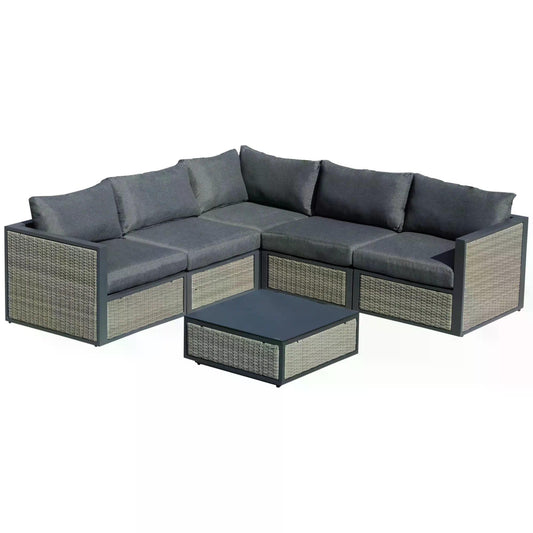 Outsunny Rattan Garden Sofa Set, 5-Seater with Coffee Table & Padded Cushions, Weather-Resistant, Grey.