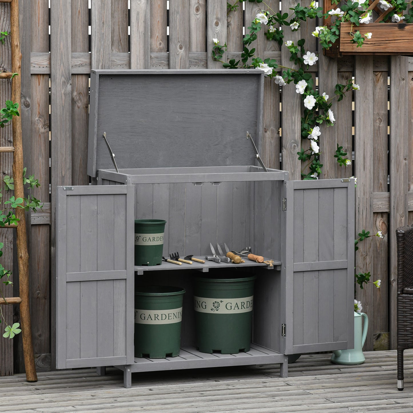 Outsunny Wooden Garden Storage Shed Tool Cabinet Organiser with Shelves, Two Doors,74 x 43 x 88cm, Grey