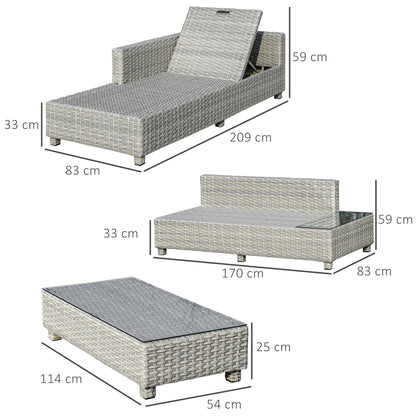 Outsunny 3 Pieces Outdoor PE Rattan Furniture Set, with Chaise Lounge, Sofa and Table, 4-Level Adjust Backrest Chaise Lounge, Mixed Grey | Chahine & Milad UK