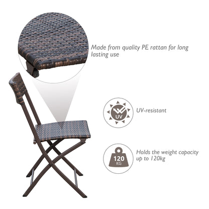 Outsunny Rattan Bistro Set 2-Seater Garden Furniture Folding Rattan Chair Glass Topped Coffee Table Patio Balcony Wicker Furniture, Brown