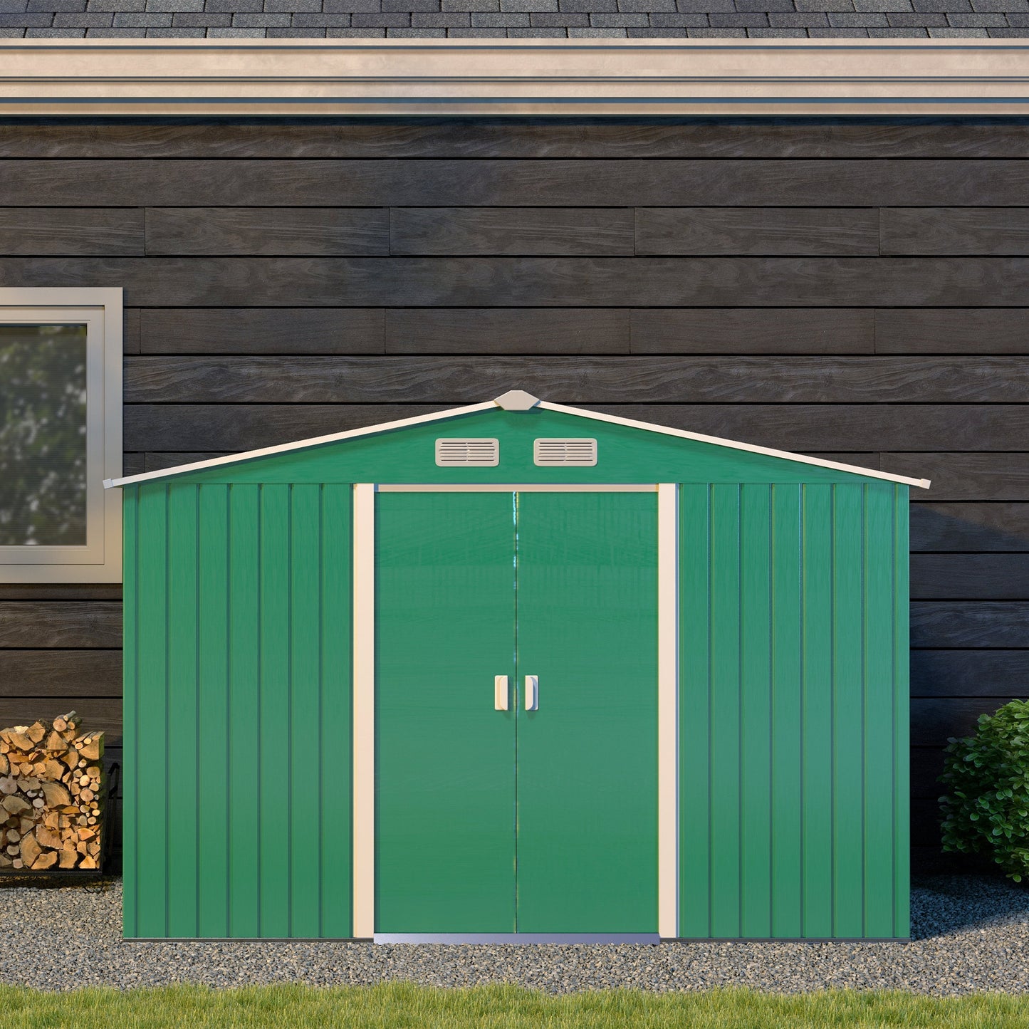 Outsunny Lockable Garden Shed Large Patio Tool Metal Storage Building Foundation Sheds Box Outdoor Furniture (9 x 6 FT, Green)