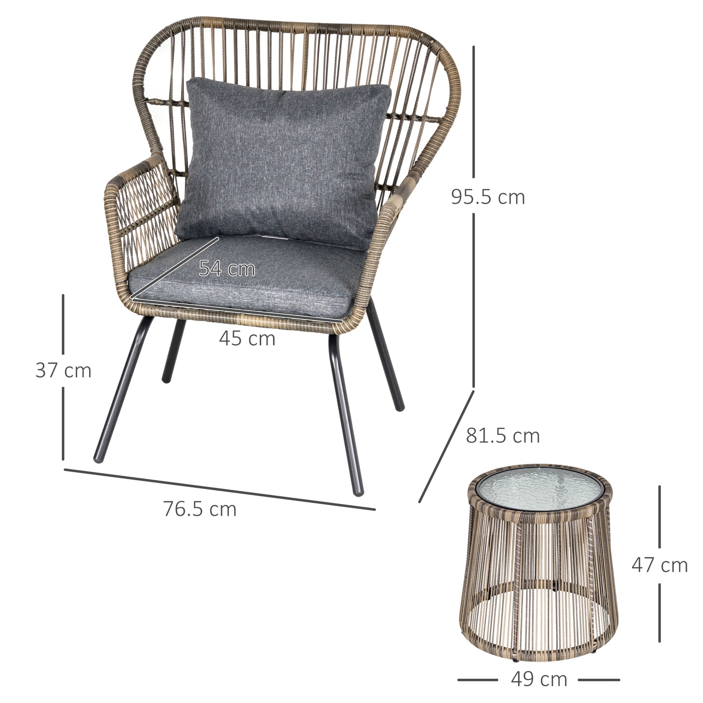 Outsunny 3 Piece PE Rattan Bristo Set with Cushions, Wing-Shaped Chairs & Adjustable Foot Pads, Grey | Chahine & Milad UK