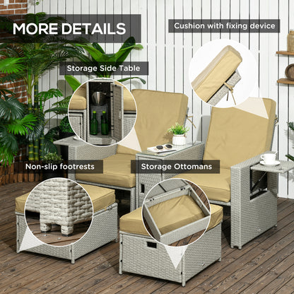 Outsunny 5PC PE Rattan Sun Lounger, Outdoor Wicker 5-level Adjustable Recliner Sofa Bed with Storage Side Table Footstools, for Patio, Garden, Beige