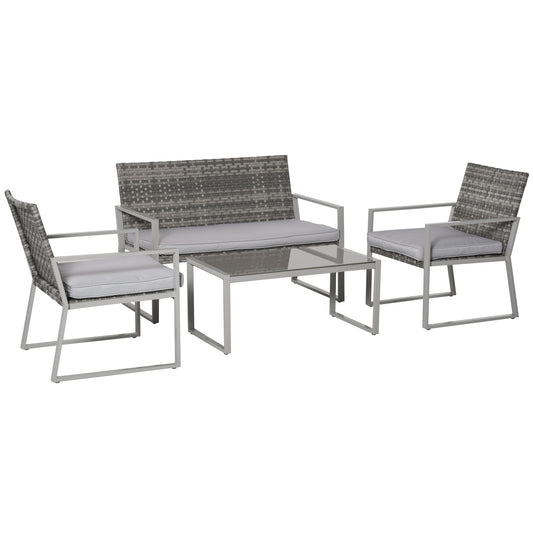 Outsunny Rattan Garden Furniture Set, 4-Seater, 2 Single Sofa Armchairs, 1 Bench, Cushions, Coffee Table, Wicker Weave, Patio Backyard