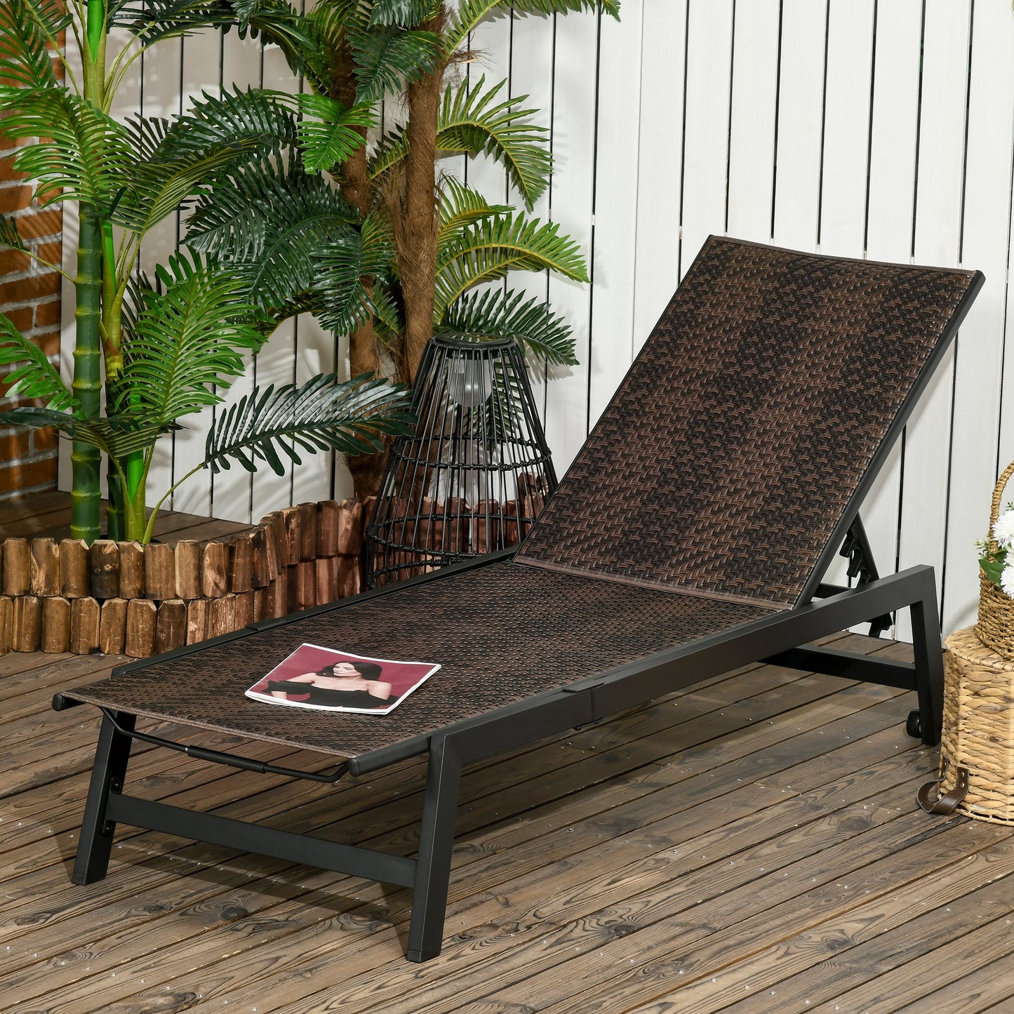 Outsunny Outdoor PE Rattan Sun Loungers, Patio Wicker Chaise Lounge Chair with 5-Position Backrest, Wheels for Sun Room, Garden, Poolside, Brown