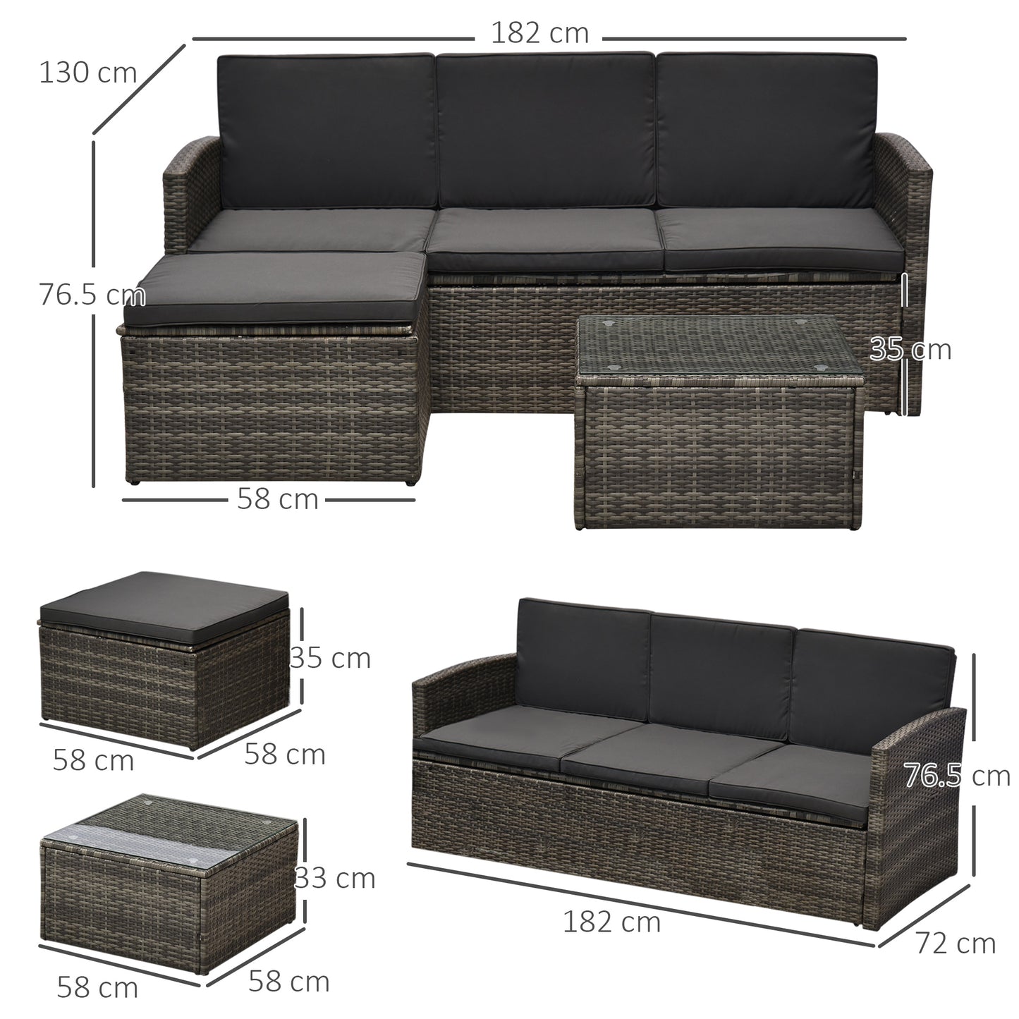 Outsunny 4-Seater Outdoor Garden Rattan Furniture Set w/ Table Grey