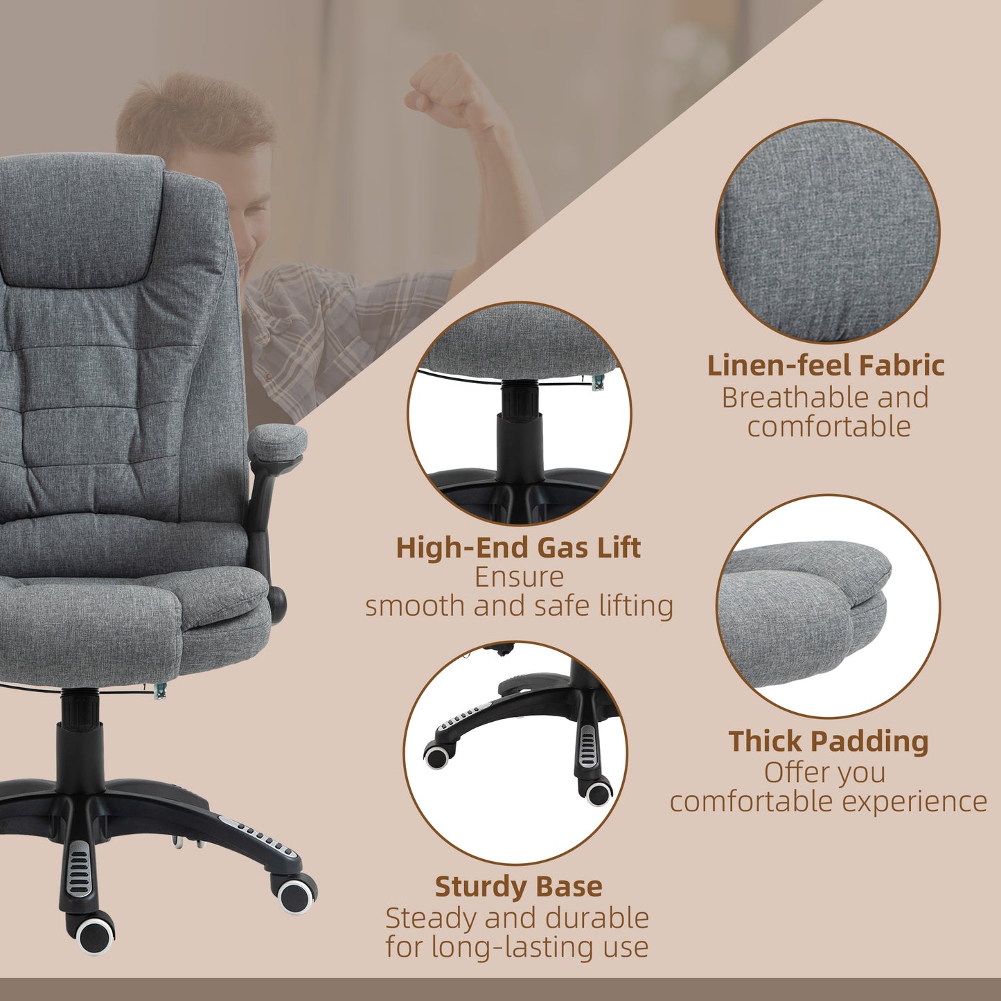 Vinsetto Massage Recliner Chair: Heated Office Seating with Six Massage Points, Linen-Feel Fabric, 360° Swivel Wheels, Grey