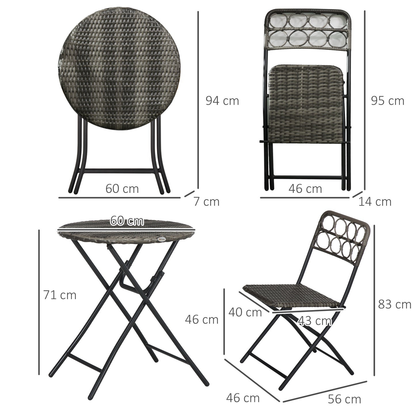 Outsunny Handwoven Rattan Bistro Set: 3-Piece Folding Chairs & Table, Coffee Set for Garden, Balcony & Poolside, Grey