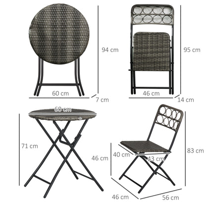 Outsunny Handwoven Rattan Bistro Set: 3-Piece Folding Chairs & Table, Coffee Set for Garden, Balcony & Poolside, Grey