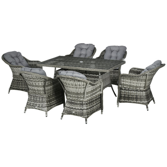 Outsunny 7 Pieces PE Rattan Dining Set Furniture Patio Wicker Furniture with Tempered Glass Table Top, Umbrella Hole and Cushions, Grey