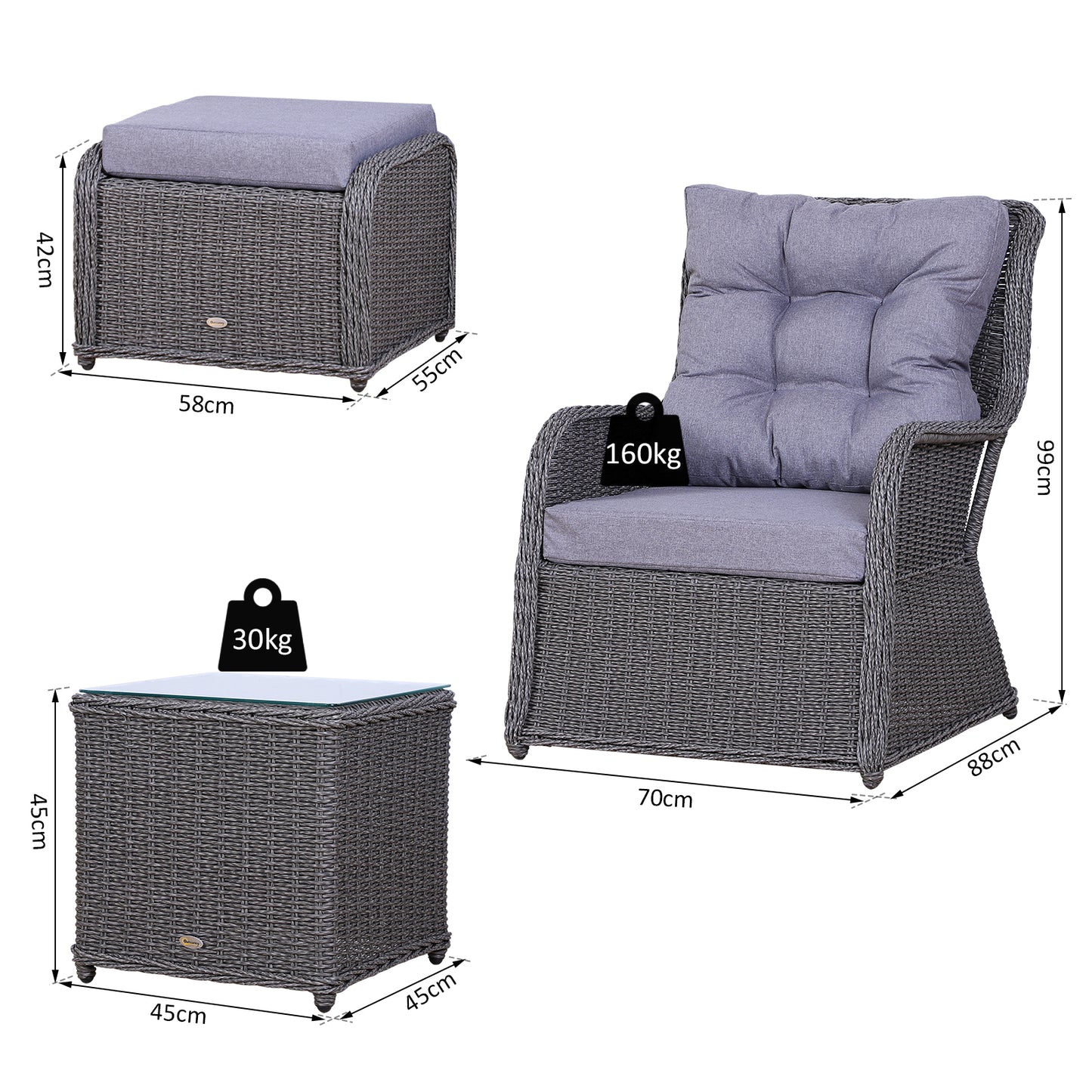 Outsunny 2 Seater Deluxe Garden Rattan Furniture Sofa Chair & Stool Table Set Patio Wicker Weave Furniture Set Aluminium Frame Fully-assembly - Grey