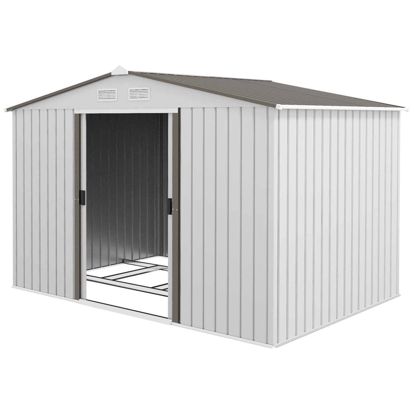 Outsunny 9 x 6FT Garden Storage Shed, Metal Outdoor Storage Shed House with Floor Foundation, Ventilation & Doors, Grey